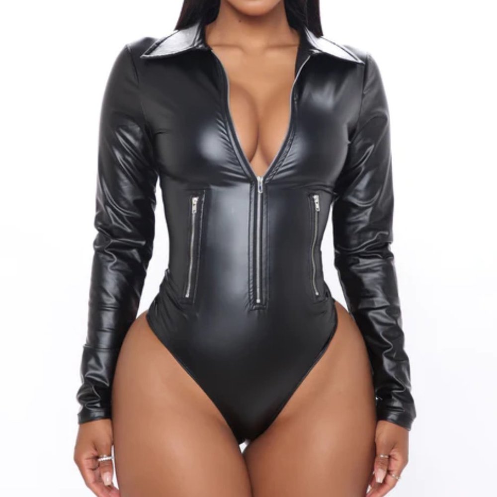Fashion Nova Biker Baddie Zip Front Bodysuit - Black